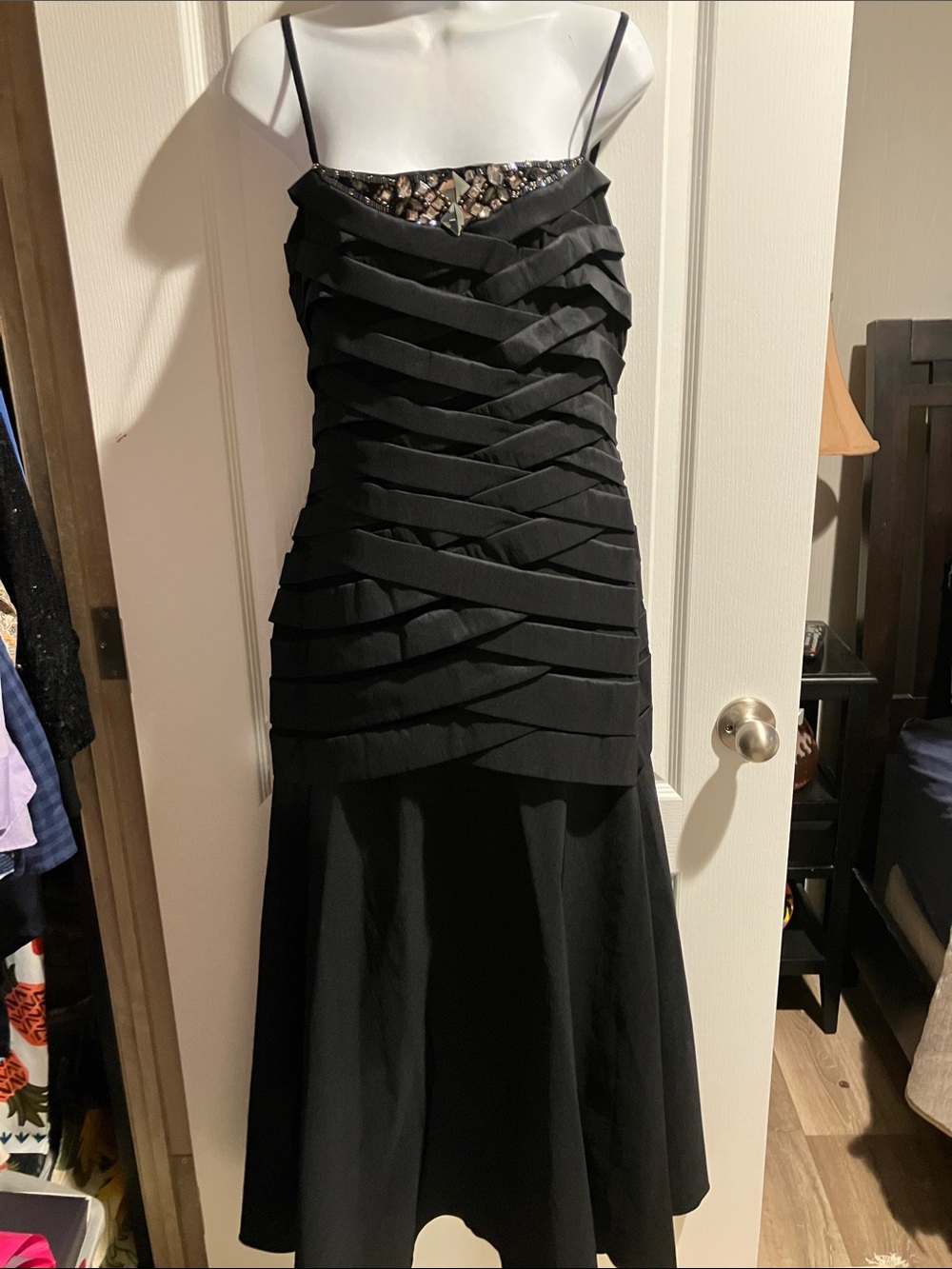 Black Beaded Strapless Evening Dress with Layered Bodice